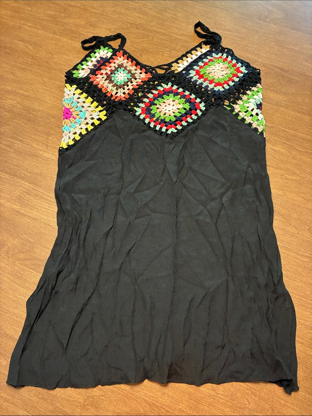 Black Crochet swim coverup with Multicolor Squares